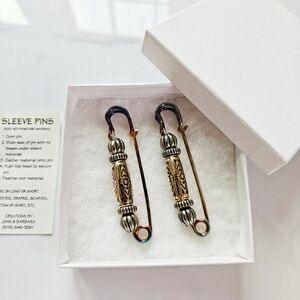 New Vtg Sleeve Set 2 Brooch Silver Goldtone Sleeve Drapes Scarves Shirts Pins 3"